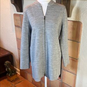 Eileen Fisher Gray Long Sleeve Zip-Up Merino Wool Blend Longline Coat, size SP